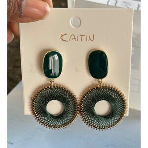 Green Statement Earrings With Gold Accents & Circular Design Going Out  NWT